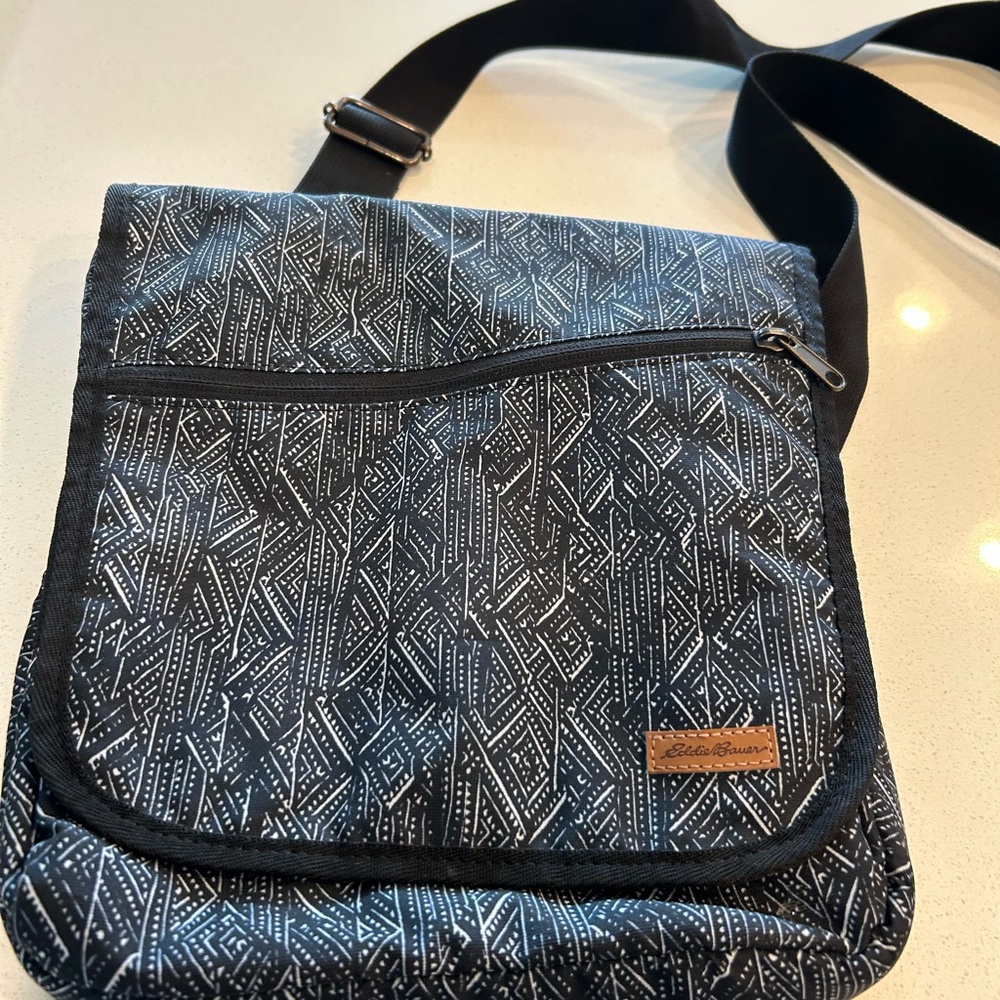 Eddie Bauer Black and White Patterned Messenger Bag